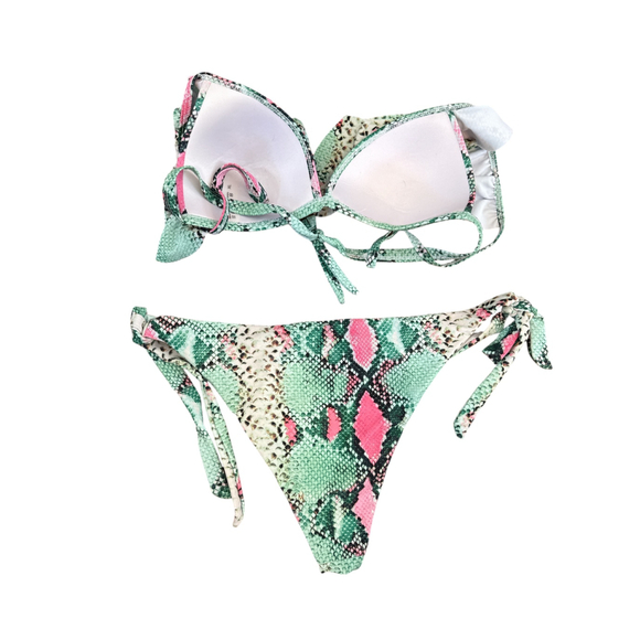 Women's Snake Print Bikini Set, Mint Green and Pink, Size XL, Two-Piece Swimsuit - Picture 3 of 3